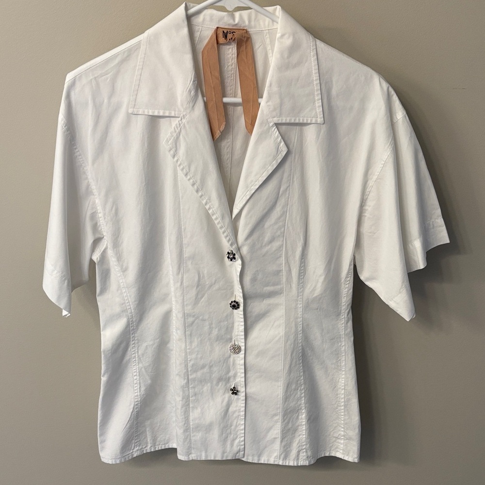 No. 21 White Short Sleeve Button Front Blouse with embellishments sz 46